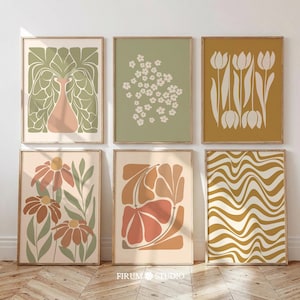 Set di 6 stampe astratte botaniche dai toni della terra, perfette per decorare le pareti del soggiorno in stile boho o per un appartamento accogliente ed eclettico / 2161
