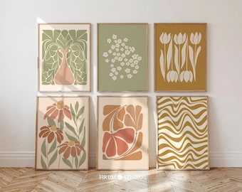 May include: A set of six rectangular wall art prints in wooden frames. The prints feature botanical and abstract designs in muted tones of sage green, terracotta, mustard yellow, and cream, with the text FIRUM STUDIO at the bottom center.