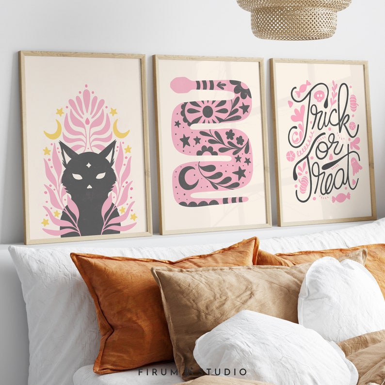 Pink Halloween Decor Wall Art Set of 3 Halloween Printables Etsy