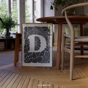 Póster descargable con la letra D, impresión artística con las iniciales del apellido, póster con monograma, ilustraciones con las letras del apellido, arte mural botánico moderno / 0744