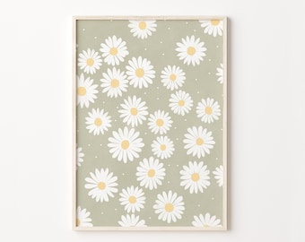 Daisy Art Print, Sage Green Wall Art, Flower Art Print, Floral Illustration, Digital Print, Sage Green Botanical, Pastel Wall Decor