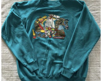 Vintage 90s Hanes Teal Sweatshirt Unicorn Size XL Horse Carousel Unicorn Museum