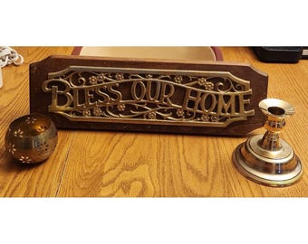 HOMCO Bless Our Home Wall Plaque Brass Tone Letters Brass Lot Vintage