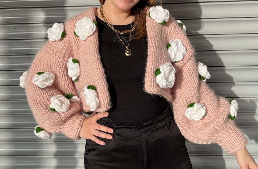 Handmade Chunky Knit Cropped Cardigan With White Roses - Etsy
