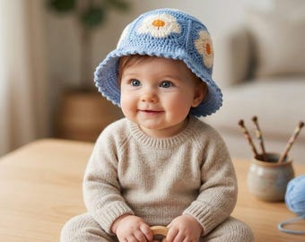 Cappellino da neonato a forma di margherita, fatto a mano, 100% cotone, cappello da sole per neonati, cappello estivo boho per bambini, cuffietta con fiore all'uncinetto, accessorio per foto di neonati