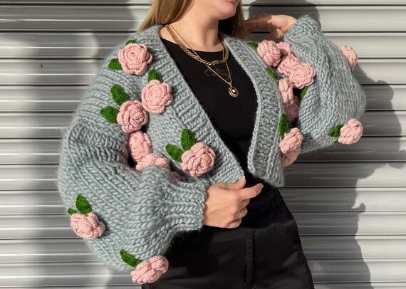 新品rosy monster bouquet bicolor knitグレージュ Hand Knit Chunky Cardigan: Pink Roses, Vegan Wool - Etsy
