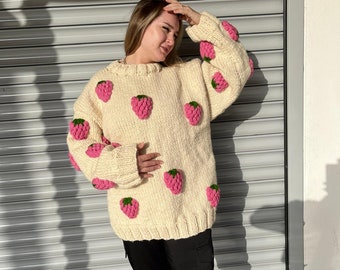 Maglione grosso 3D fragola, maglione di lana, cardigan grosso lavorato a maglia, cardigan lavorato a mano, cardigan per donna, cardigan lavorato a maglia