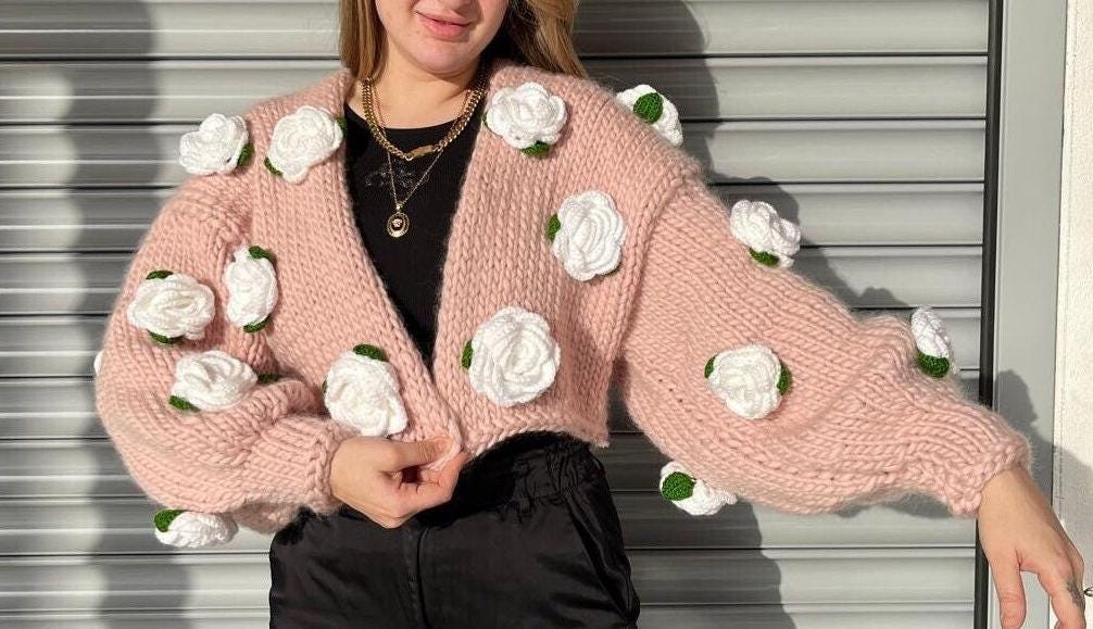 White Roses Cardigan , Chunky Cropped Cardigan for Woman