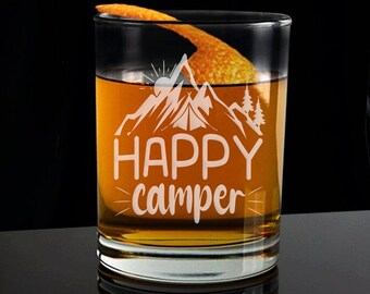 Happy Camper Whiskey Glass, Camping Whiskey Glasses, Camping Whiskey Glass, Camping Gift, Outdoors Whiskey Glass, Funny Glass