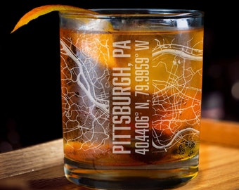 Pittsburgh Map Whiskey Glass, Pittsburgh Map Glasses, City Map Whiskey Glass, City Whiskey Glass, City Map Glasses