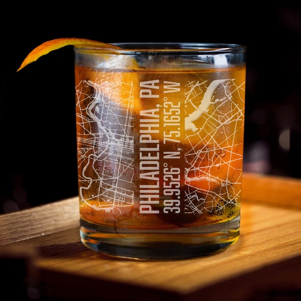 Philadelphia Map Whiskey Glass, Philadelphia Map Glasses, City Map Whiskey Glass, City Whiskey Glass, City Map Glasses