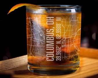 Columbus Map Whiskey Glass, Columbus Map Glasses, City Map Whiskey Glass, City Whiskey Glass, City Map Glasses