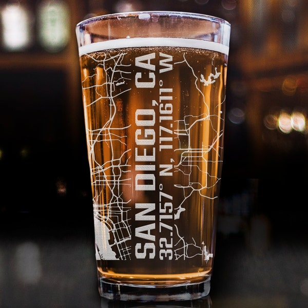 San Diego Map Pint Glass, San Diego Map Glasses, City Map Pint Glass, City Pint Glass, City Map Glasses, City Map Gifts
