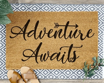 Adventure Awaits Welcome Mat, Housewarming Gift, Home Decor, Front Door, Home Doormat, Last Name Door Mat, Custom Door Mats, Outdoor