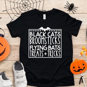 Kids Halloween Shirt, Black Cats and Flying Bats