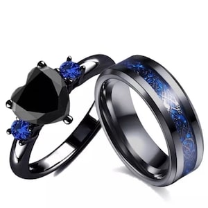 His and hers heart stone and band ring, matching ring set in black and blue or red and black, purple, gold, green couples rings