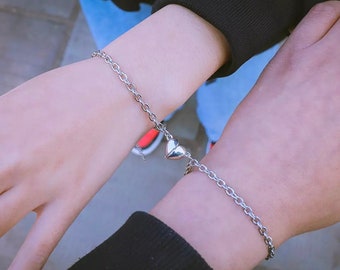Couples and friends magnetic heart chain link bracelets in gold and silver, stainless steel chain bracelets, set of 2 bracelets