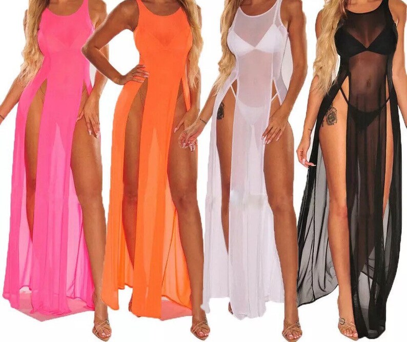 Bikini Cover Ups Women Mesh Sheer See Through Sexy Beach Dress Sleeveless Split Maxi Dress Swimsuit Sarong, sleeveless cover up 