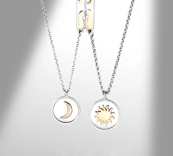 Sun and Moon Silver and Gold Magnetic Couples Necklace Set Sun