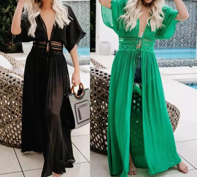 Short swing sleeve embroidered waist sheer long cover up in, women’s swimsuit breathable  bikini cover up 