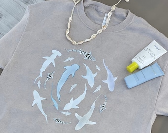 Swirling Sharks Unisex Tshirt - Watercolor Shark Art, Shark Tee, Shark Lover Gift, Simple Shark Shirt, Save the Sharks
