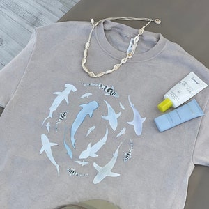 Swirling Sharks Unisex Tshirt Watercolor Shark Art, Shark Tee, Shark Lover Gift, Simple Shark Shirt, Save the Sharks image 1