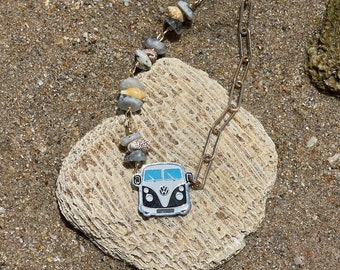 The Beach Bus Necklace - Hippie Van necklace with Crystals & Sea shells! Handmade Crystal Jewelry, Sea shell necklace, hippie style jewelry