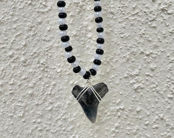 Reykjavik One of a Kind Beaded Shark Tooth Necklace - Stretchy Choker with Real Petrified Shark Tooth