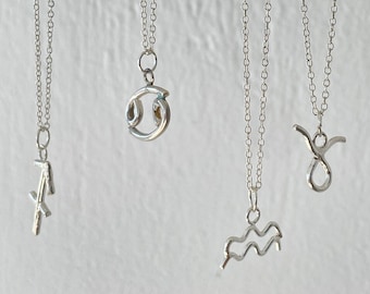 Silver Zodiac Sign Necklace - Artisan Made in Iceland - Minimalistic Cancer, Taurus, Aquarius, Sagittarius, Scorpio Necklaces