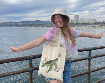 Sea Turtle Tote Bag - The Santa Monica Pier Canvas Tote featuring a Green Sea Turtle and Sand Dollars