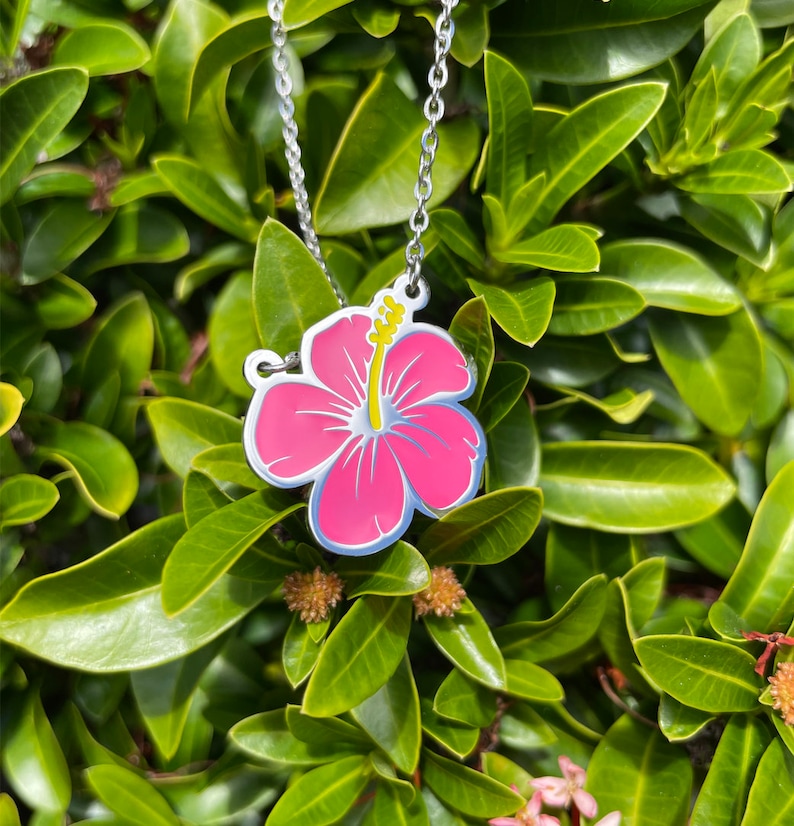 Pink Hibiscus Flower Necklace, Aloha Flower Necklace, Hibiscus Flower Necklace, Flower Necklace, Layering Necklace, Gift for Her, Aloha image 4