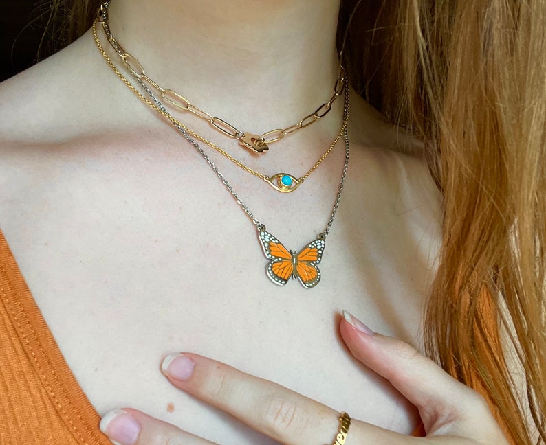 Orange Monarch Butterfly Necklace, Simple Butterfly Pendant Necklace, Waterproof Butterfly Necklace, Layering Butterfly Necklace image 5