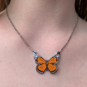Orange Monarch Butterfly Necklace, Simple Butterfly Pendant Necklace, Waterproof Butterfly Necklace, Layering Butterfly Necklace image 2