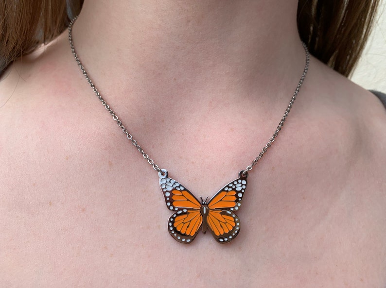Orange Monarch Butterfly Necklace, Simple Butterfly Pendant Necklace, Waterproof Butterfly Necklace, Layering Butterfly Necklace image 2