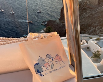 Oia, Santorini, Greece Tote Bag - Colorful Greek Island Villas design on a Standard Sized Tote Bag