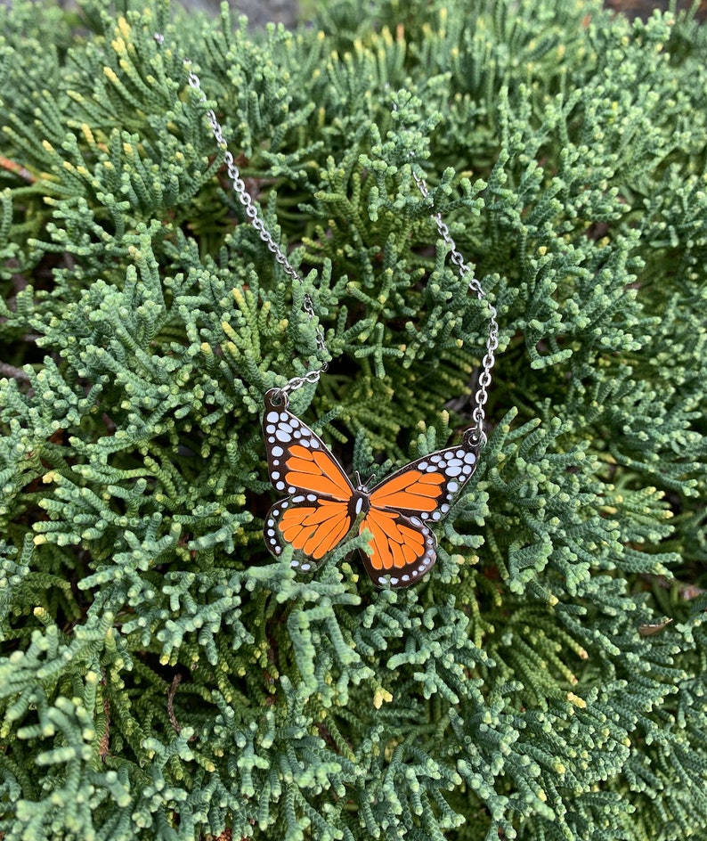 Orange Monarch Butterfly Necklace, Simple Butterfly Pendant Necklace, Waterproof Butterfly Necklace, Layering Butterfly Necklace image 6