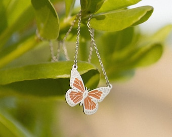 Orange Monarch Butterfly Necklace, Simple Butterfly Pendant Necklace, Waterproof Butterfly Necklace, Layering Butterfly Necklace