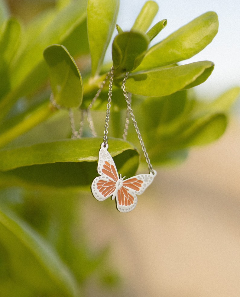 Orange Monarch Butterfly Necklace, Simple Butterfly Pendant Necklace, Waterproof Butterfly Necklace, Layering Butterfly Necklace image 1