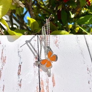 Orange Monarch Butterfly Necklace, Simple Butterfly Pendant Necklace, Waterproof Butterfly Necklace, Layering Butterfly Necklace image 3