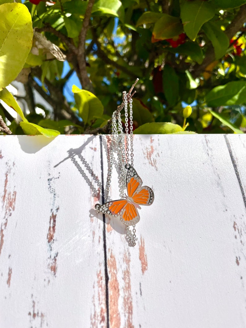 Orange Monarch Butterfly Necklace, Simple Butterfly Pendant Necklace, Waterproof Butterfly Necklace, Layering Butterfly Necklace image 3