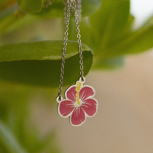 Pink Hibiscus Flower Necklace, Aloha Flower Necklace, Hibiscus Flower Necklace, Flower Necklace, Layering Necklace, Gift for Her, Aloha image 1