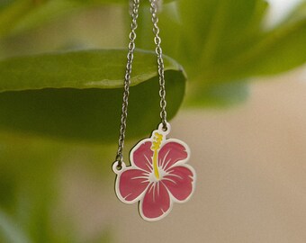 Pink Hibiscus Flower Necklace, Aloha Flower Necklace, Hibiscus Flower Necklace, Flower Necklace, Layering Necklace, Gift for Her, Aloha