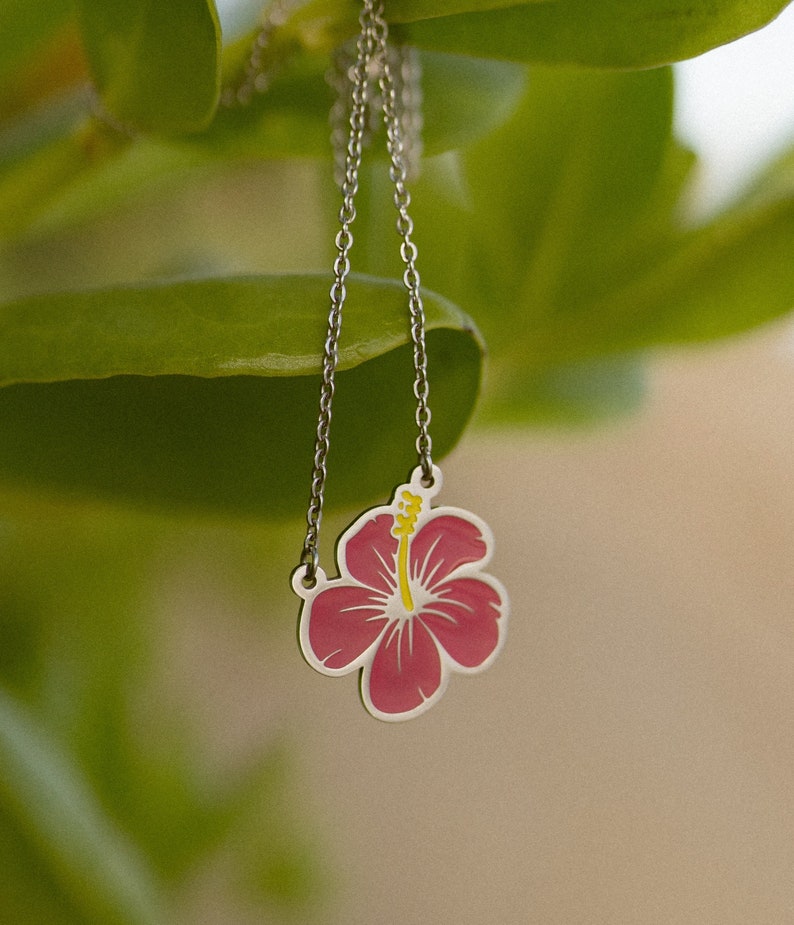 Pink Hibiscus Flower Necklace, Aloha Flower Necklace, Hibiscus Flower Necklace, Flower Necklace, Layering Necklace, Gift for Her, Aloha image 1