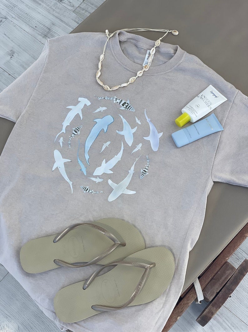 Swirling Sharks Unisex Tshirt Watercolor Shark Art, Shark Tee, Shark Lover Gift, Simple Shark Shirt, Save the Sharks image 1