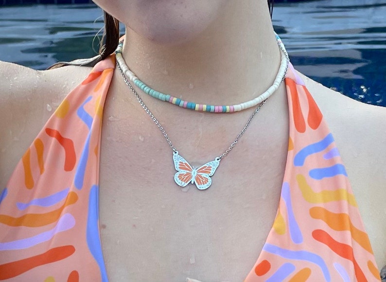 Orange Monarch Butterfly Necklace, Simple Butterfly Pendant Necklace, Waterproof Butterfly Necklace, Layering Butterfly Necklace image 4