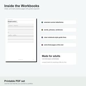May include: A printable PDF workbook set featuring clean practice pages with guided copywork. The page shows Simple words 1 with cursive practice lines. Features include selected cursive letterforms, words, phrases, sentences, guide lines, and extra lined pages.