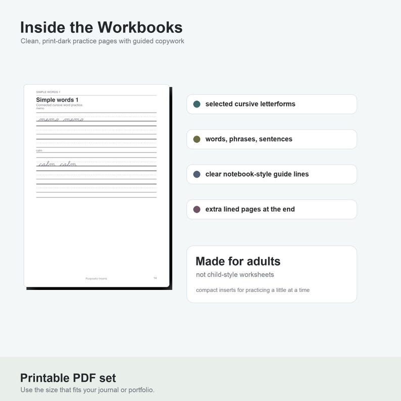 May include: A printable PDF workbook set featuring clean practice pages with guided copywork. The page shows Simple words 1 with cursive practice lines. Features include selected cursive letterforms, words, phrases, sentences, guide lines, and extra lined pages.