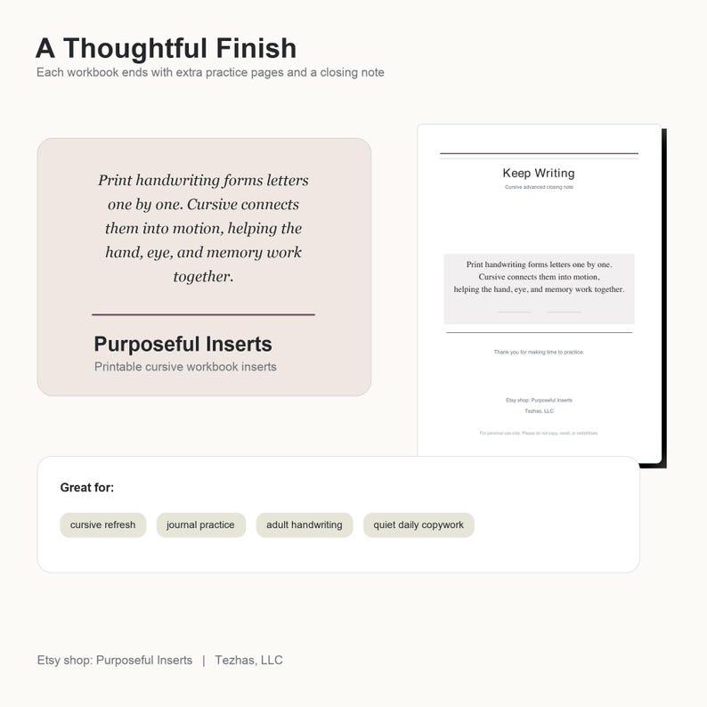 May include: A digital display of a cursive handwriting workbook featuring the text A Thoughtful Finish, Purposeful Inserts, and Keep Writing. The layout includes educational descriptions about handwriting, practice categories, and shop details.