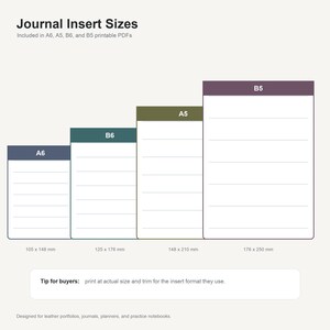 May include: A graphic chart titled Journal Insert Sizes displaying four rectangular paper templates labeled A6, B6, A5, and B5. Each template features horizontal lines and specific dimensions in millimeters: 105 x 148 mm, 125 x 176 mm, 148 x 210 mm, and 176 x 250 mm.