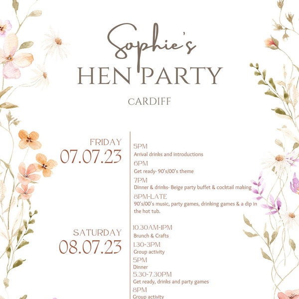 Personalised Hen Party Itinerary | Elegant Floral Design | Weekend Itinerary | Digital Download | Keepsake | Bride to Be | Bridal Shower